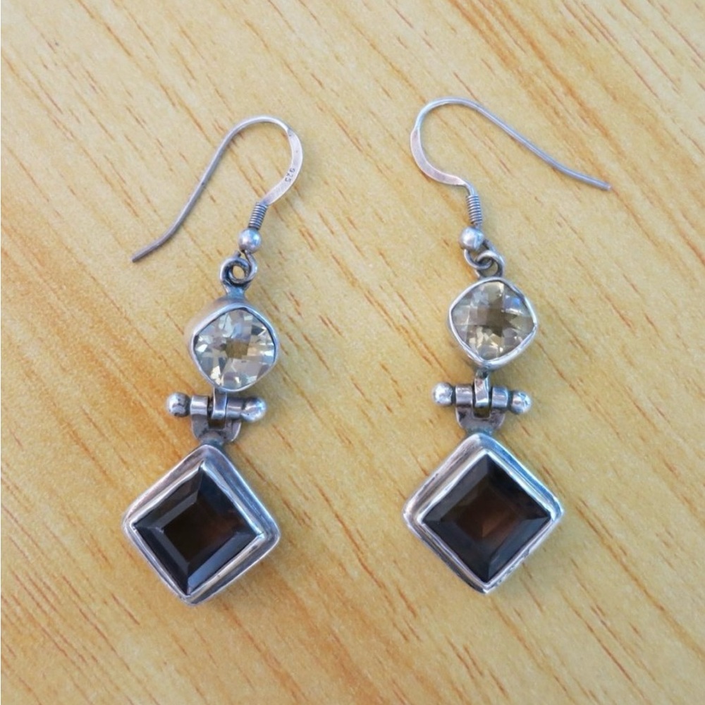 Vintage Citrine & Smokey Quartz Sterling Hinged Earrings